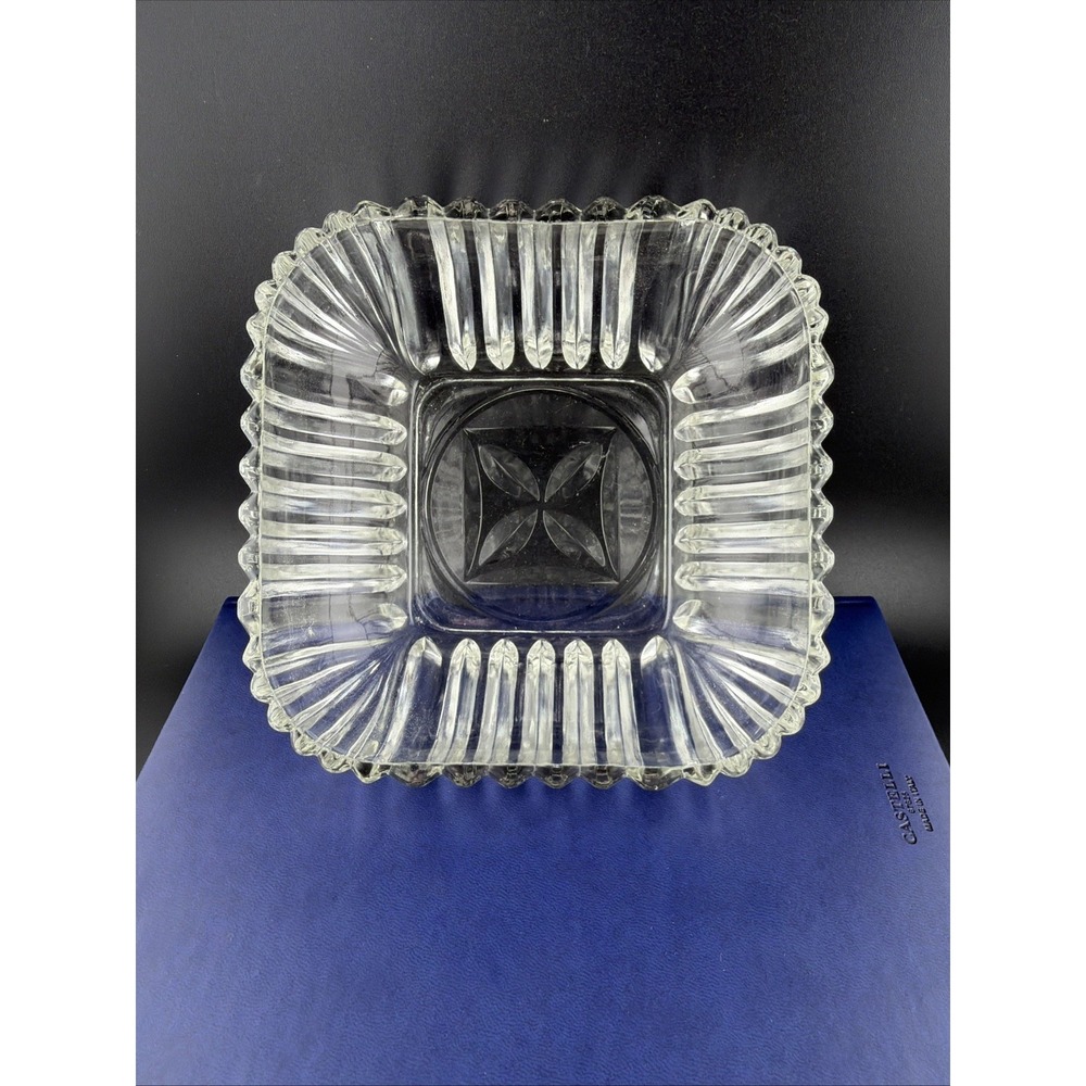 Vintage Pressed Glass Candy Dish Square 6.5" Ribbed Scalloped Edge Serving Bowl